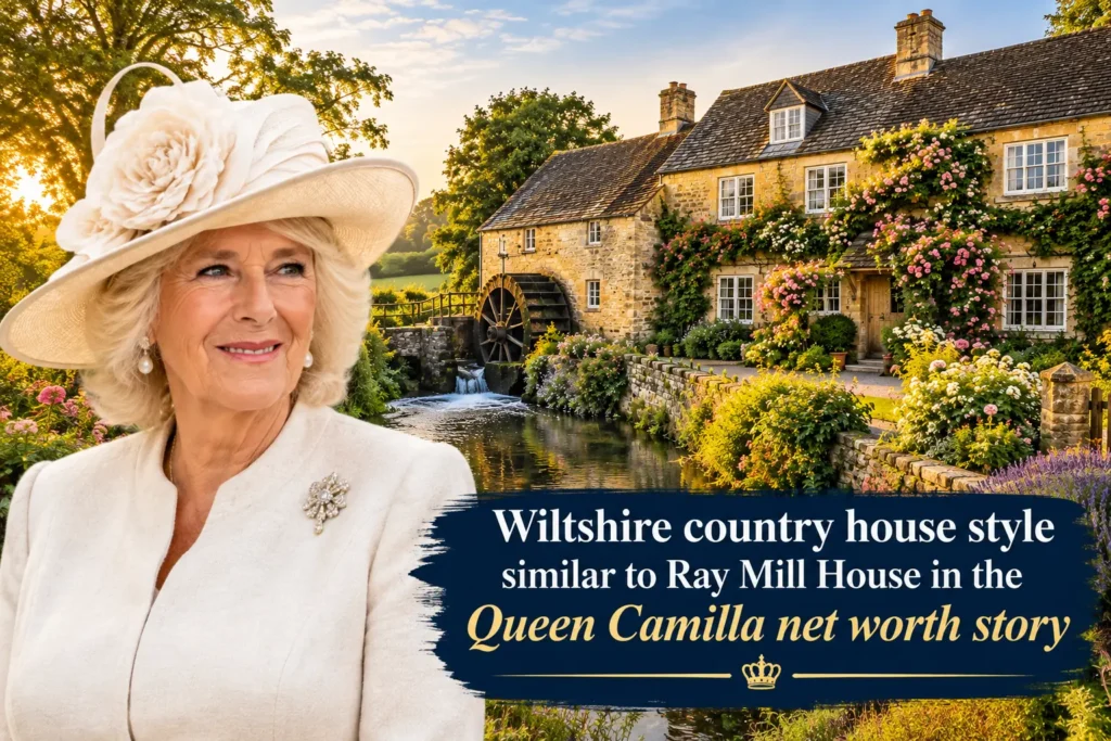 Queen Camilla standing beside a picturesque Wiltshire country house inspired by Ray Mill House, illustrating the Queen Camilla net worth story.