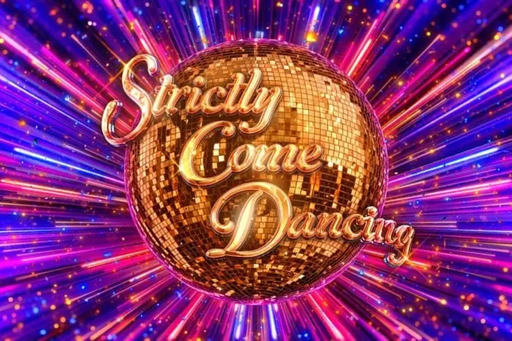 Official Strictly Come Dancing logo featuring a large golden glitterball against a vibrant purple and pink sparkling lightburst background. Strictly Come Dancing
